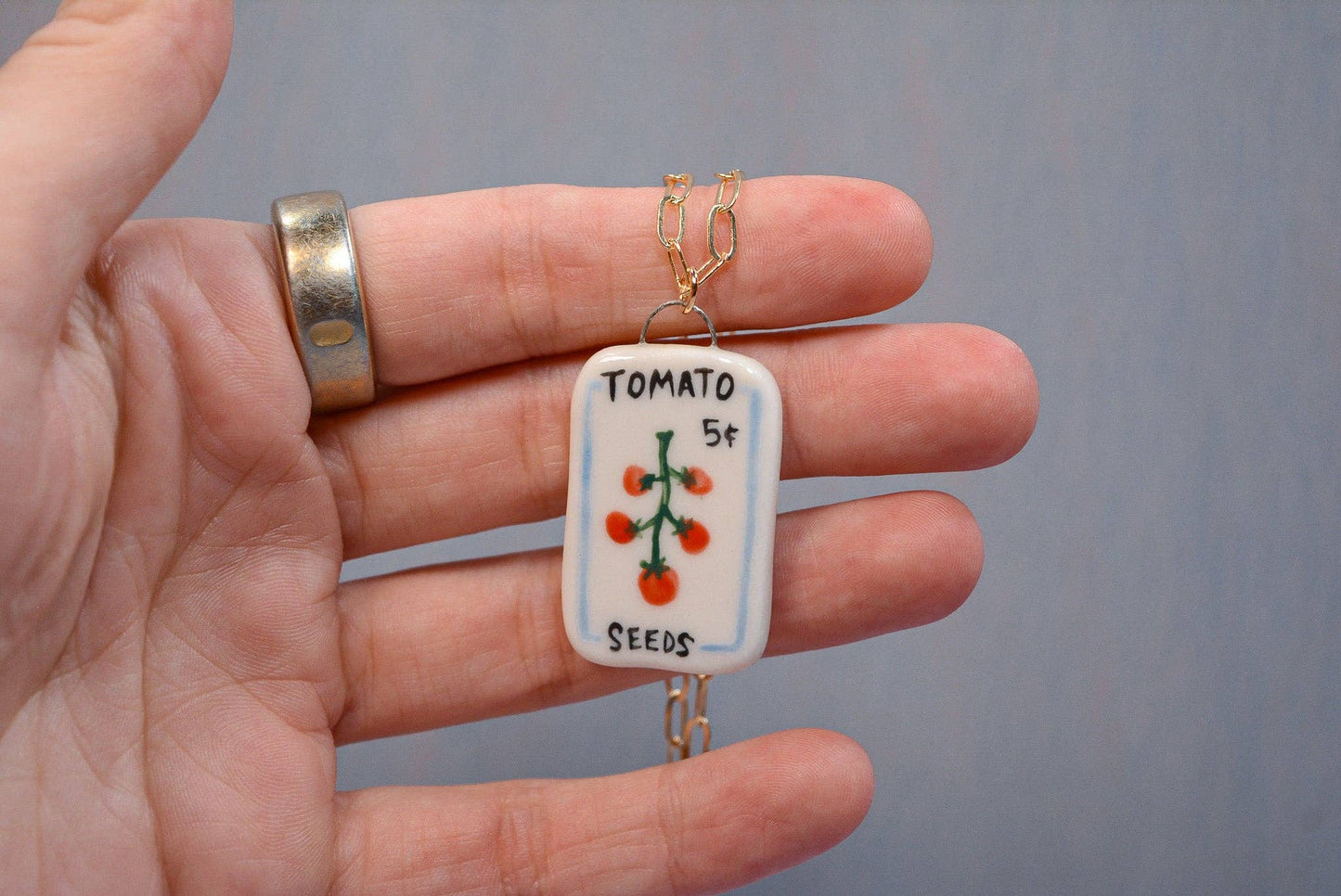 Tomato Seed Packet Ceramic Charm Necklace