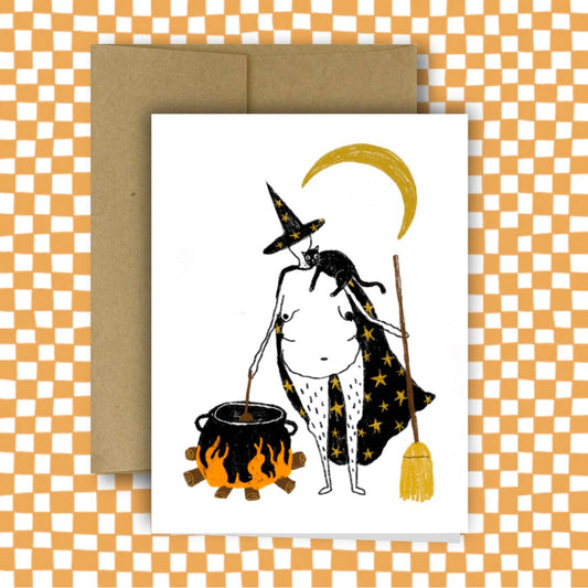 WITCH, CAT, & CAULDRON Halloween Card