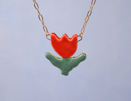 Red Tulip Ceramic Charm Necklace